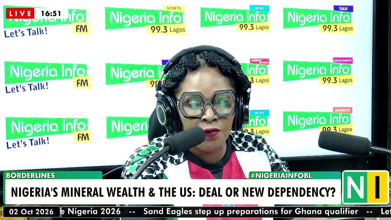 The Nigeria Info FM studio during #Borderlines, the episode title on the caption bar